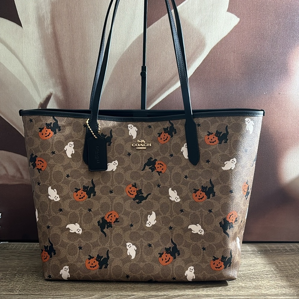 Coach Brown Halloween Pumpkin & Ghost Canvas Tote with Black Trim